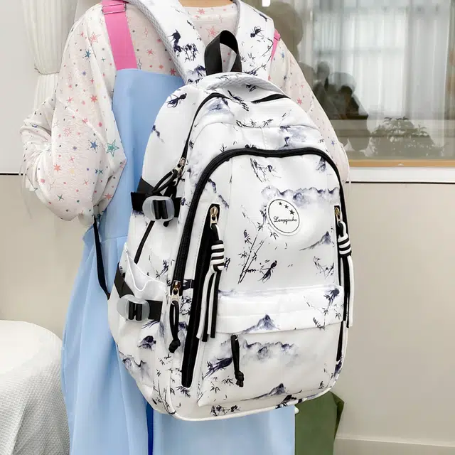 泰格奴 字母印花轻便简约国风大容量运动耐磨背包初中生高中生大学生上课百搭书包 尼龙 双肩包 女款 黑色/酒红色/浅绿色/粉色