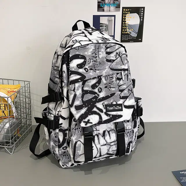 泰格奴 涂鸦精美机能通勤旅行小清新轻便高颜值大容量背包初中高中大学生上课百搭书包 尼龙 双肩包 常规 男女同款情侣款 白色灰色黑色