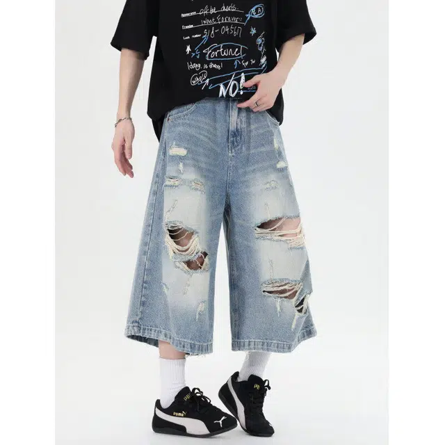 加荣 美式街头风小众破坏感薄款透气潮牌百搭水洗宽松休闲做旧七分牛仔短裤 男女同款