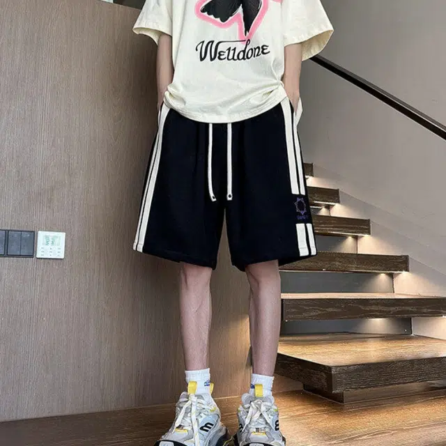 加荣 夏季薄款透气美式复古日系潮牌拼接撞色大码重磅运动裤宽松学生直筒五分休闲短裤 男女同款