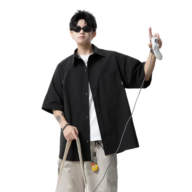 加荣 美式冰丝速干工装短袖衬衫男款夏季轻薄透气潮牌青少年户外出行百搭纯色痞帅小众高级感衬衣休闲外套上衣 男女同款