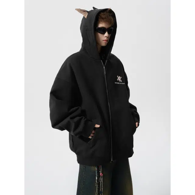 加荣 美式复古潮流印花小众设计款秋男装休闲时尚个性街头高级感连帽开衫男通勤百搭高街风潮酷宽松女秋季卫衣 男女同款