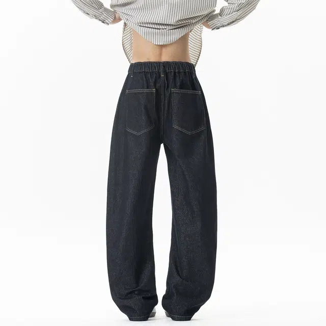 加荣 美式复古设计感弯刀牛仔裤男秋季潮流时尚宽松休闲松紧腰直筒裤春秋高级感青少年潮牌痞帅拼接裤通勤百搭基础款男士长裤 男女同款