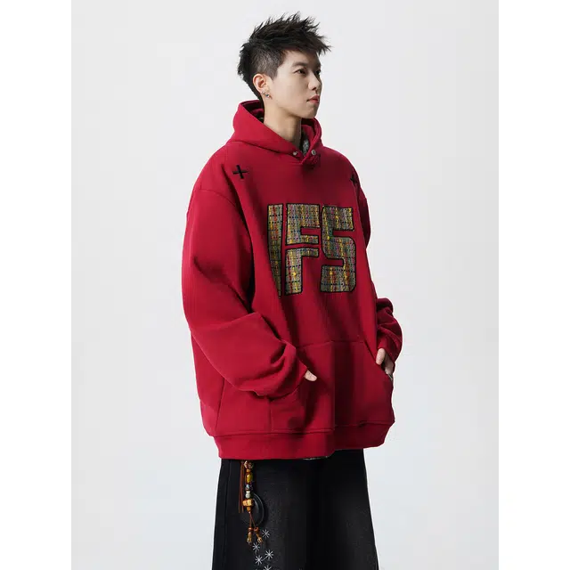 加荣 美式复古重磅贴布刺绣高街宽松休闲连帽舒适百搭基础款套头运动帽秋潮流精致卫衣 男女同款