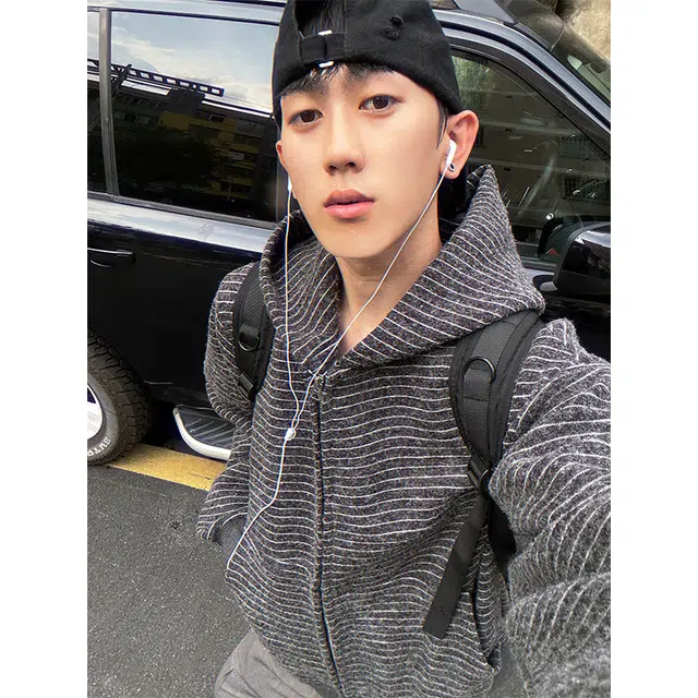 加荣 秋条纹连帽卫衣外套男小众设计感休闲宽松美式开衫男早秋拉链男款百搭慵懒风潮牌高级情侣上衣 男女同款