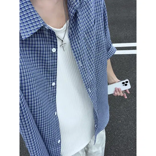 加荣 美式复古格子薄款透气大码百搭宽松翻领潮流高级感慵懒风短袖衬衫 男女同款