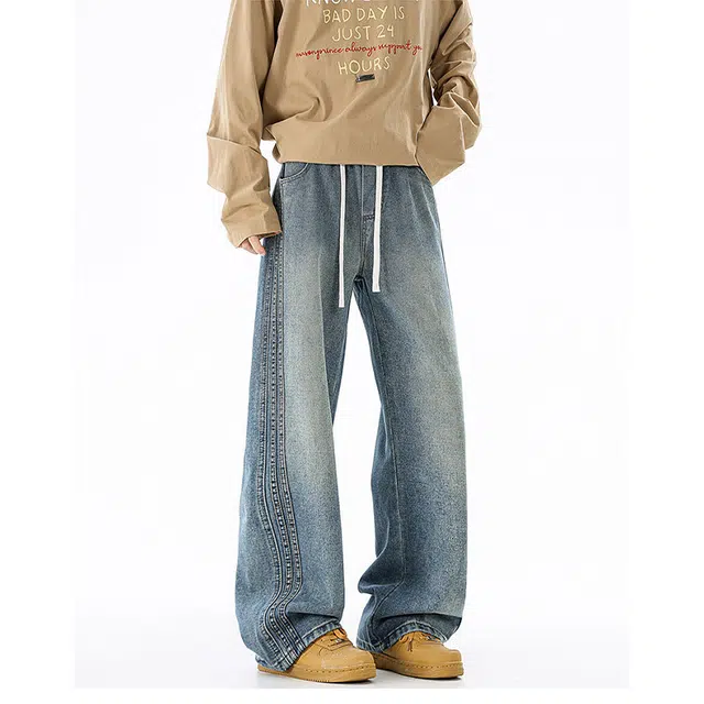 加荣 美式复古水洗直筒牛仔裤男秋季潮牌宽松阔腿裤男休闲百搭裤男款青少年痞帅男装裤子抽绳松紧弯刀裤男舒适拖地长裤 男女同款