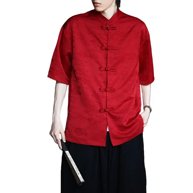 加荣 新中式唐装男夏季薄款透气冰丝短袖衬衫改良汉服大码中国风青少年户外出行百搭盘扣五分袖衬衣上衣 男女同款