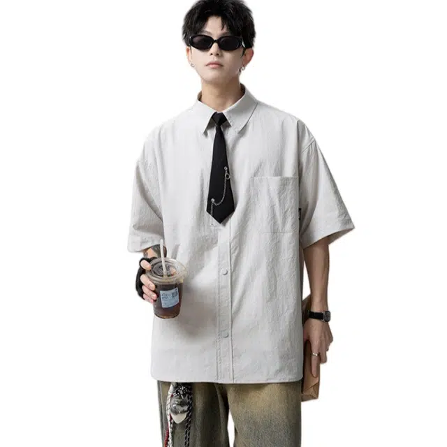 加荣 美式冰丝速干工装短袖衬衫男款夏季轻薄透气潮牌青少年户外出行百搭纯色痞帅小众高级感衬衣休闲外套上衣 男女同款