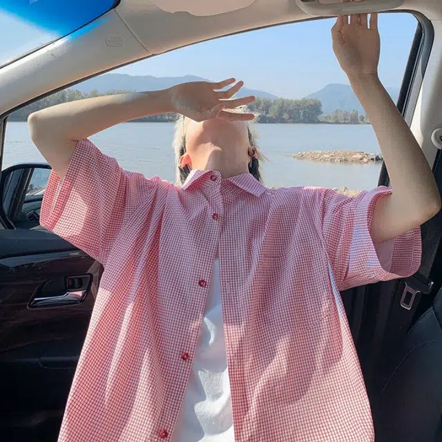 加荣 美式格子薄款潮流简约个性衬衣日系复古短袖衬衫 男女同款