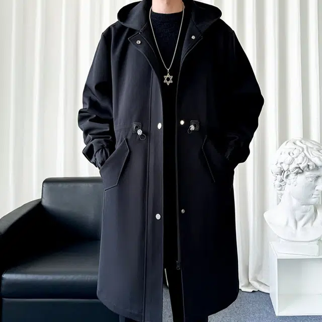 加荣 英伦风连帽宽松休闲简约纯色高街痞帅中长款大衣 男女同款