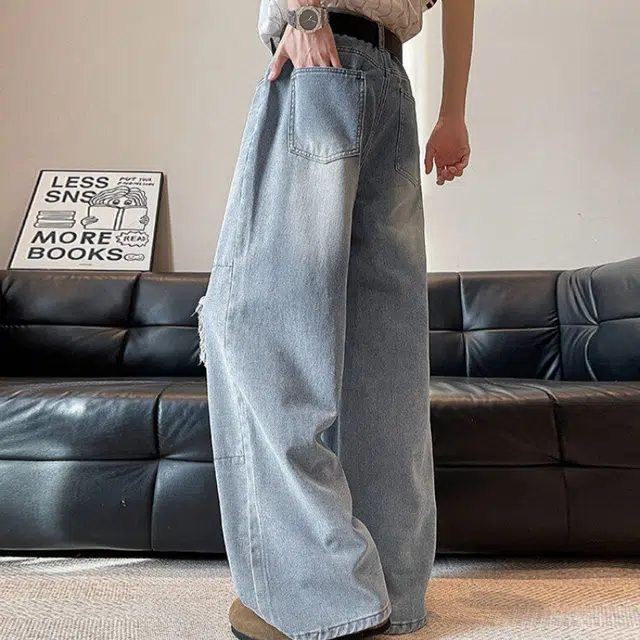 加荣 美式高街复古透气小众水洗破洞做旧水洗宽松休闲潮流阔腿裤牛仔裤 男女同款