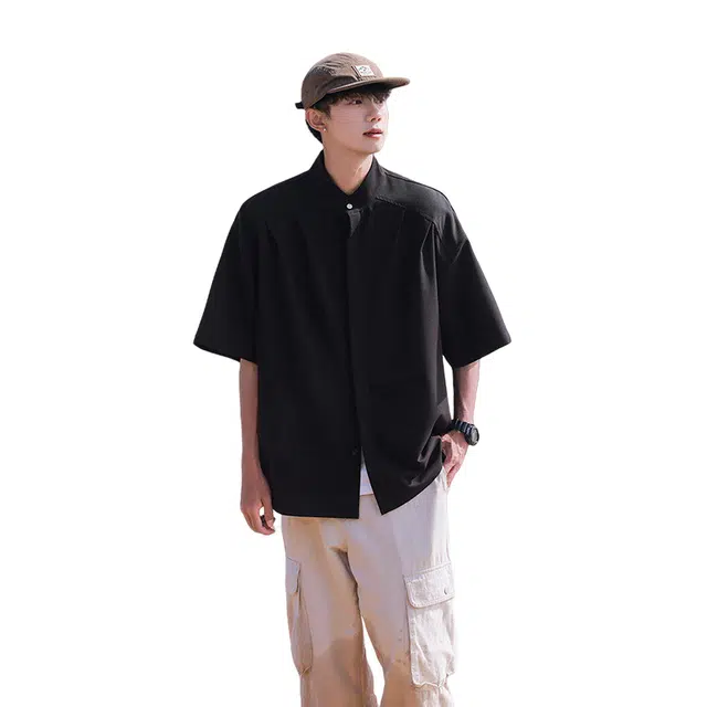 加荣 美式短袖衬衫男生夏季轻薄透气潮牌时尚百搭青少年日常出行冷淡系小众高级感衬衣宽松慵懒垂感五分袖上衣 男女同款