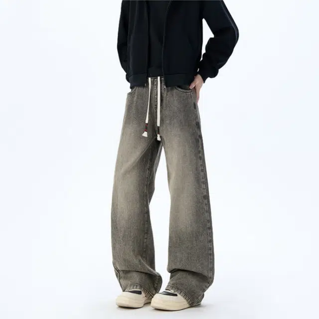 加荣 美式复古水洗牛仔裤男秋季宽松阔腿裤男款潮牌高街休闲直筒裤青少年帅气男装裤子慵懒风松弛弯刀裤男士小众设计长裤 男女同款