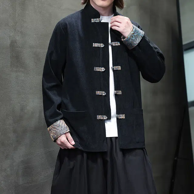 加荣 中国风撞色提花灯芯绒夹克男春秋款新中式男装衬衫宽松潮牌唐装男款休闲复古风盘扣衬衣男士长袖上衣改良古装汉服外套 男女同款