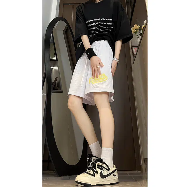 加荣 透气凉感松紧腰系带简约薄款纯色百搭户外运动跑步宽松速干冰丝五分休闲短裤 男女同款