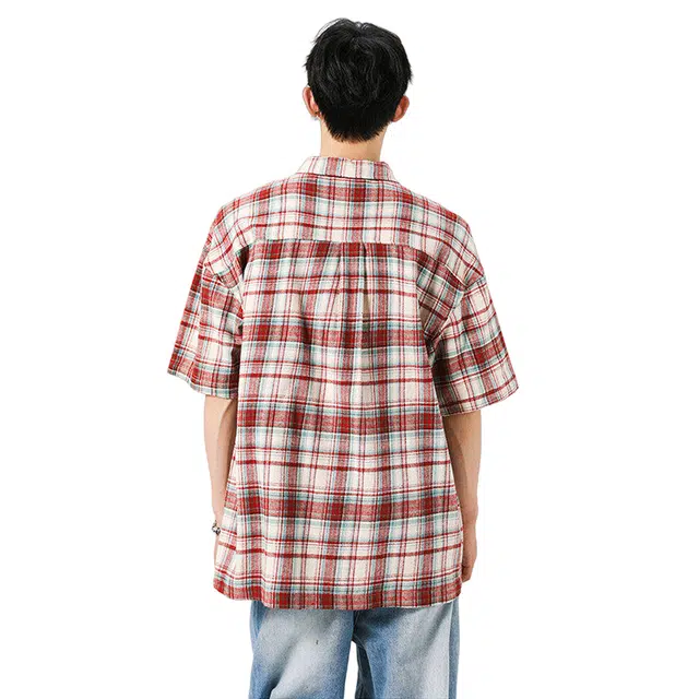 加荣 薄款透气美式复古格子街头潮牌慵懒宽松百搭短袖衬衫 男女同款