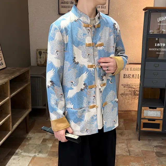 加荣 中国风仙鹤印花唐装盘扣立领衫潮流中山装新中式刺绣鹿皮绒夹克 男女同款