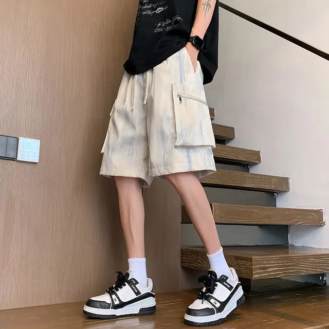 加荣 薄款透气美式扎染潮流高街多口袋宽松休闲运动五分裤工装短裤 男女同款