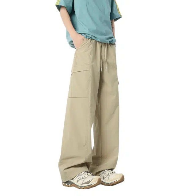 加荣  美式速干褶皱冰丝裤男夏季薄款透气潮流百搭宽松休闲青少年户外运动松紧腰小众设计感直筒阔腿工装裤长裤 男女同款