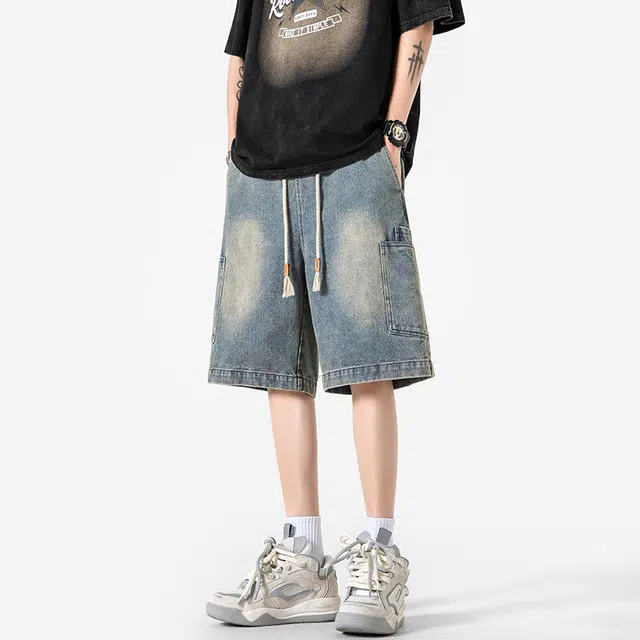 加荣 薄款美式高街大码水洗做旧痞帅宽松休闲五分裤工装牛仔短裤 男女同款