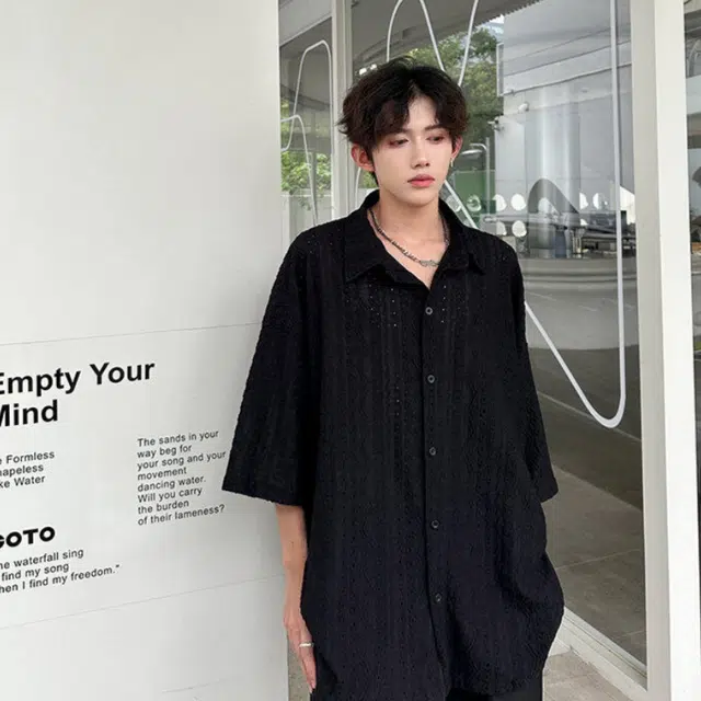 加荣 压花设计感镂空高级感痞帅衬衣阳光干净青少年潮牌翻领五分袖上衣薄款宽松休闲户外慵懒夏季短袖衬衫 男女同款