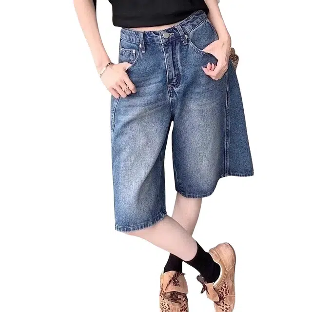 加荣 复古水洗五分裤男夏季轻薄透气潮牌青少年日常出行通勤百搭男裤小众设计感高腰显瘦宽松阔腿裤休闲裤牛仔短裤 男女同款