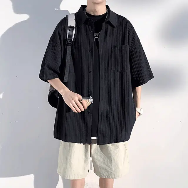 加荣 短袖透气休闲速干薄款潮牌痞帅七分巴洛克服外套衬衫 男女同款