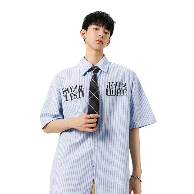 加荣 学院薄款透气泡泡条纹领带美式潮牌宽松帅气休闲短袖衬衫 男女同款