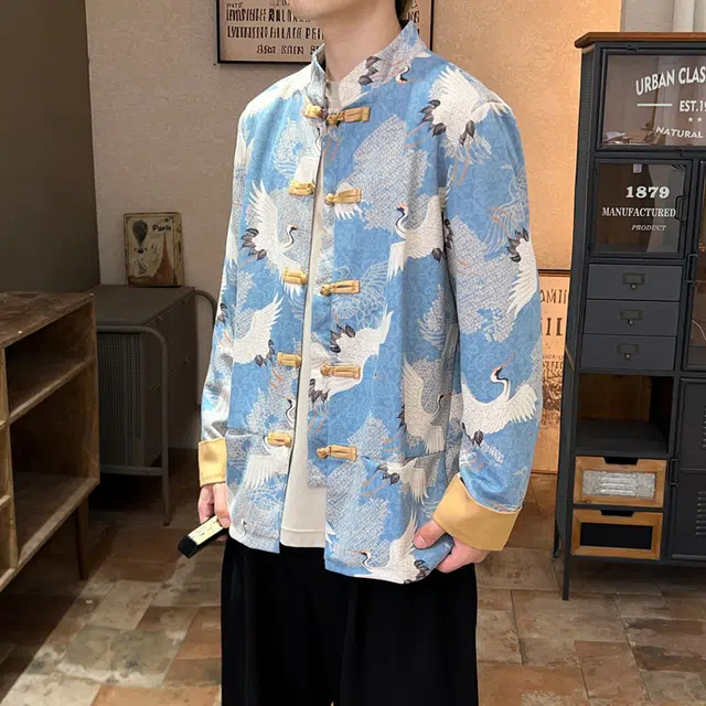 加荣 中国风仙鹤印花唐装盘扣立领衫潮流中山装新中式刺绣鹿皮绒夹克 男女同款