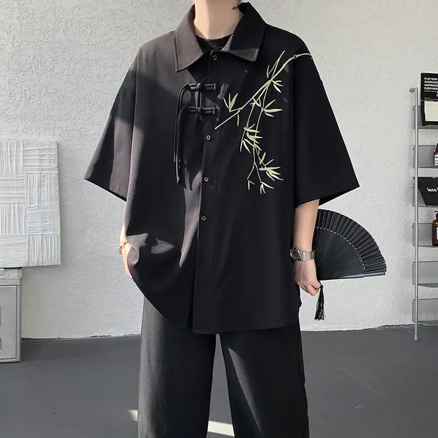 加荣 新中式盘扣薄款透气高级感国风竹子刺绣冰丝盘扣外套特国风短袖衬衫 男女同款