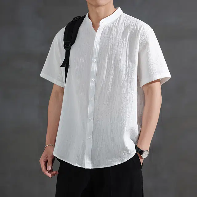 加荣 中国风休闲户外纯色简约薄款透气翻领上衣大码青少年潮流短袖衬衫 男女同款
