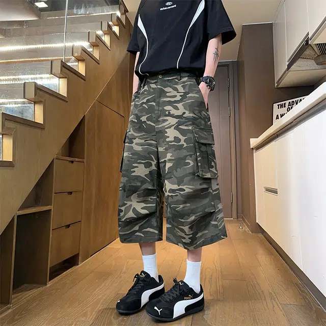 加荣 高级感迷彩牛仔短裤男夏季薄款透气七分裤宽松直筒休闲裤夏天清凉舒适男裤多口袋设计感工装裤 男女同款 青少年美式高街痞帅裤子