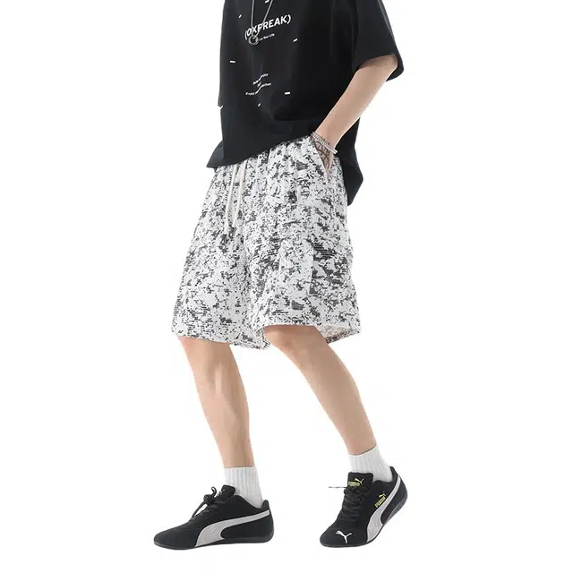 加荣 满天星扎染工装男夏季轻薄透气潮牌痞帅高级感水墨风休闲裤青少年户外出行通勤百搭松紧腰美式运动五分中裤短裤 男女同款