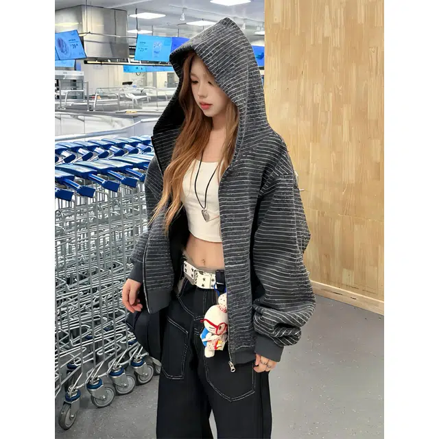 加荣 秋条纹连帽卫衣外套男小众设计感休闲宽松美式开衫男早秋拉链男款百搭慵懒风潮牌高级情侣上衣 男女同款