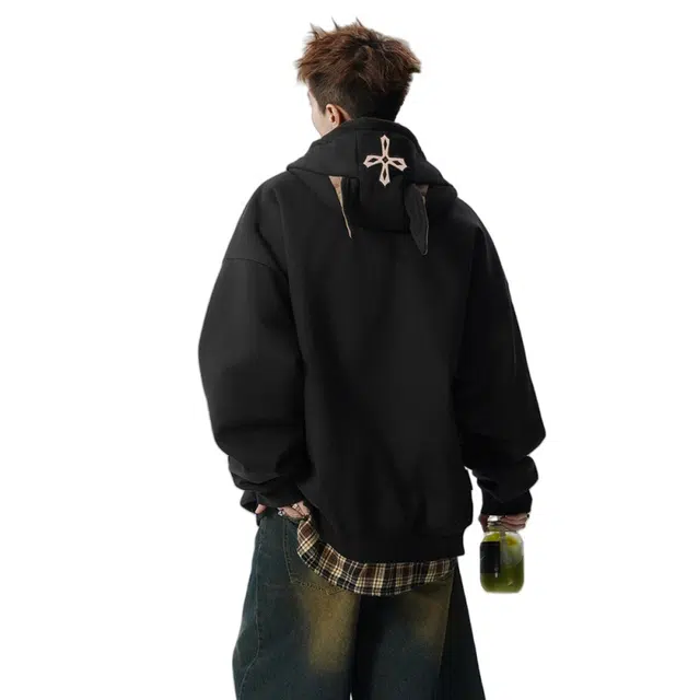 加荣 美式复古潮流印花小众设计款秋男装休闲时尚个性街头高级感连帽开衫男通勤百搭高街风潮酷宽松女秋季卫衣 男女同款