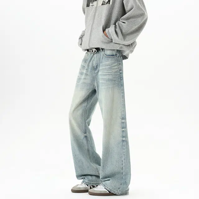加荣 美式复古弯刀牛仔裤男款潮牌高街水洗微喇裤子男宽松休闲阔腿裤男士直筒裤男装可系皮带基础款长裤 男女同款