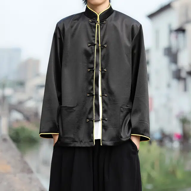 加荣 新中式长袖夹克男款简约百搭盘扣唐装男士秋季宽松休闲太极服男装上衣时尚高级感衬衣青少年款潮流立领中山装外套 男女同款