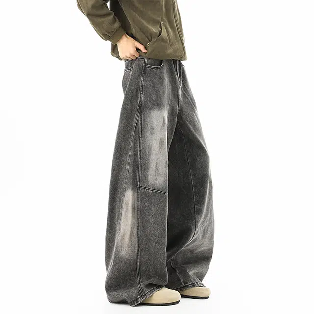 加荣 早秋宽松水洗做旧牛仔裤男美式复古分割拼接弯刀裤男款休闲阔腿裤直筒百搭男士裤子时尚高级感痞帅拖地长裤 男女同款
