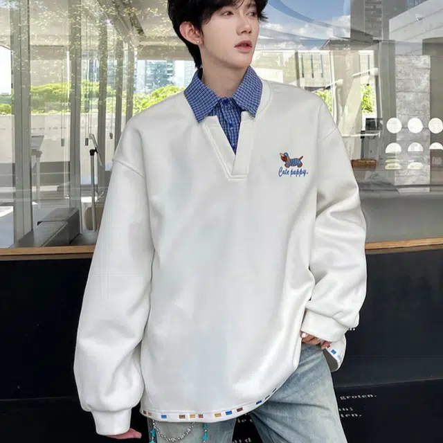 加荣 美式复古条纹翻领头男秋卫衣拼接套头假两件无帽外套纯色内搭叠穿打底字母设计男休闲衣服宽松高级感小众日常长袖男上衣 男女同款