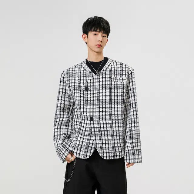 加荣 秋冬斜扣格子外套男款美式复古男士小西服时尚潮牌男装宽松慵懒感外衣男休闲百搭开衫男小众设计感穿搭西装夹克 男女同款