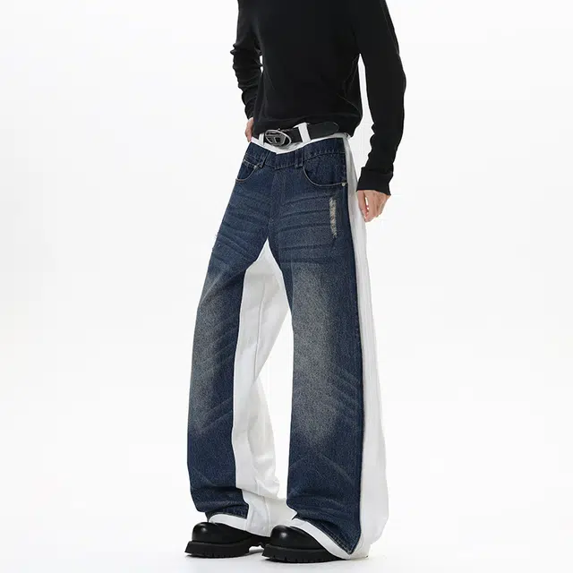 加荣 美式复古蓝白拼接弯刀牛仔裤男时尚高级感直筒裤男休闲百搭裤男款宽松舒适阔腿裤男高街松弛感男痞帅炸街长裤 男女同款