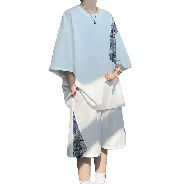 加荣 冰丝刺绣小熊拼接休闲套装男夏季轻薄透气潮牌青少年户外出行百搭国风大码宽松短袖短裤一整套休闲运动套装 男女同款