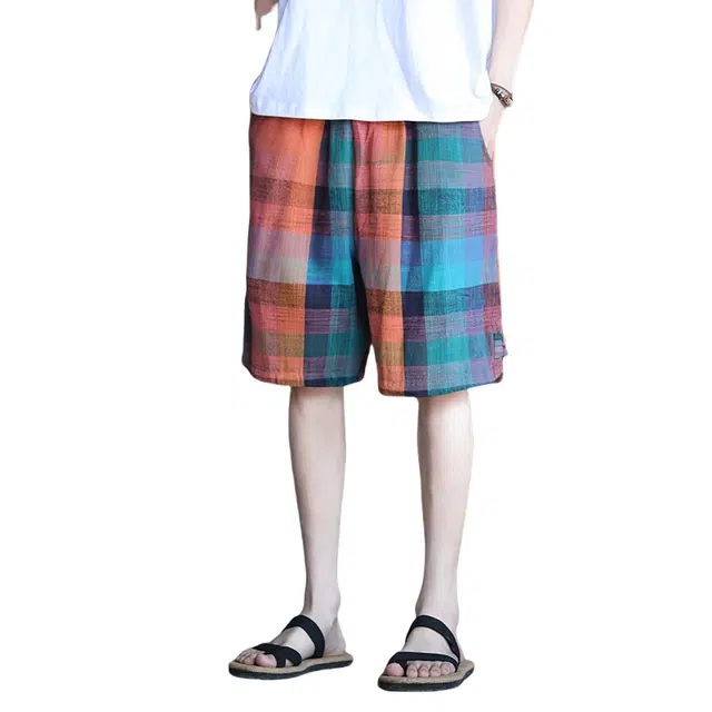 加荣 中国风盘扣薄款透气潮流百搭青少年户外出行运动五分裤格子沙滩外穿休闲短裤 男女同款