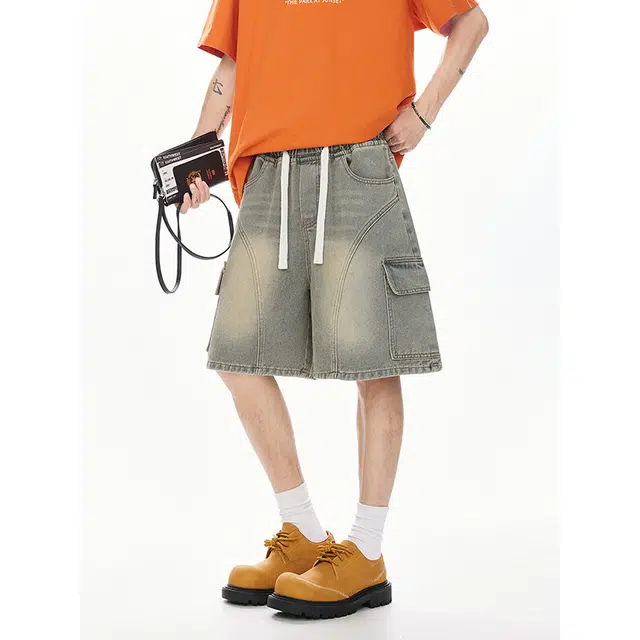 加荣 薄款透气潮牌工装五分裤美式高街直筒宽松复古风格做旧抽绳松紧设计牛仔短裤 男女同款