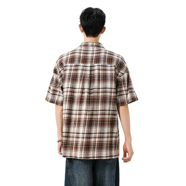 加荣 薄款透气美式复古格子街头潮牌慵懒宽松百搭短袖衬衫 男女同款