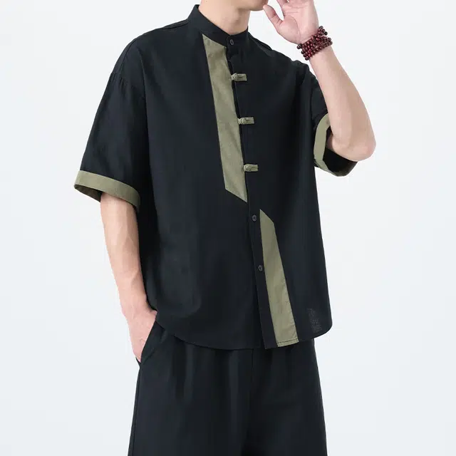 加荣 老钱风高端亚麻短袖衬衫男夏季薄款透气五分恤衬衣新中式男装盘扣唐装中国风复古拼接设计感汉服宽松休闲半袖上衣 男女同款