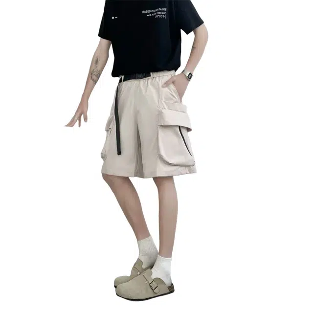 加荣 轻薄透气凉感青少年户外健身运动裤休闲直筒阔腿裤小众设计感潮流百搭松紧腰五分中裤外穿夏季工装短裤 男女同款