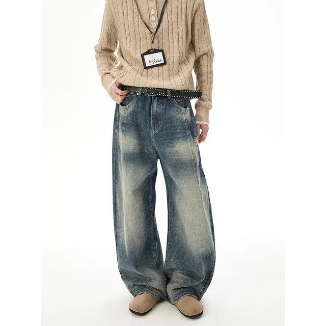 加荣 美式潮牌水洗直筒牛仔裤男秋季休闲复古擦色阔腿裤男款小众设计感弯刀裤男装百搭宽松拖地裤男士高街痞帅男生长裤 男女同款