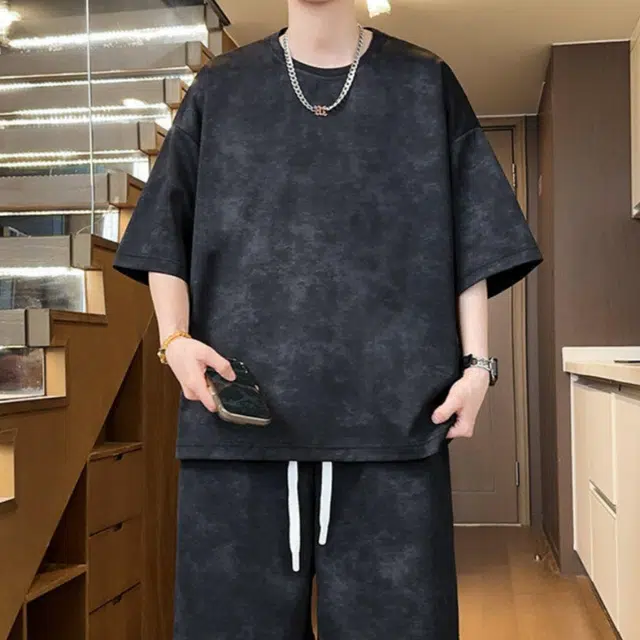 加荣 扎染青少年帅气学生复古高级感时尚初夏穿搭宽松直筒阔腿圆领短袖短裤休闲运动套装 男女同款